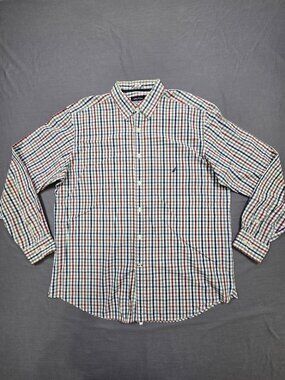 Nautica Large Button Down Shirt 80s Two Ply Checkered Cotton Long Sleeve